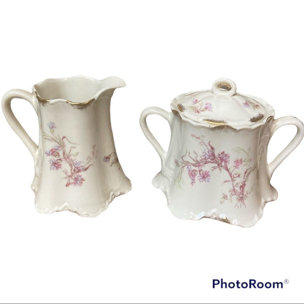 Warwick White Pink Green Flowers Sugar & Creamer Bowl Set